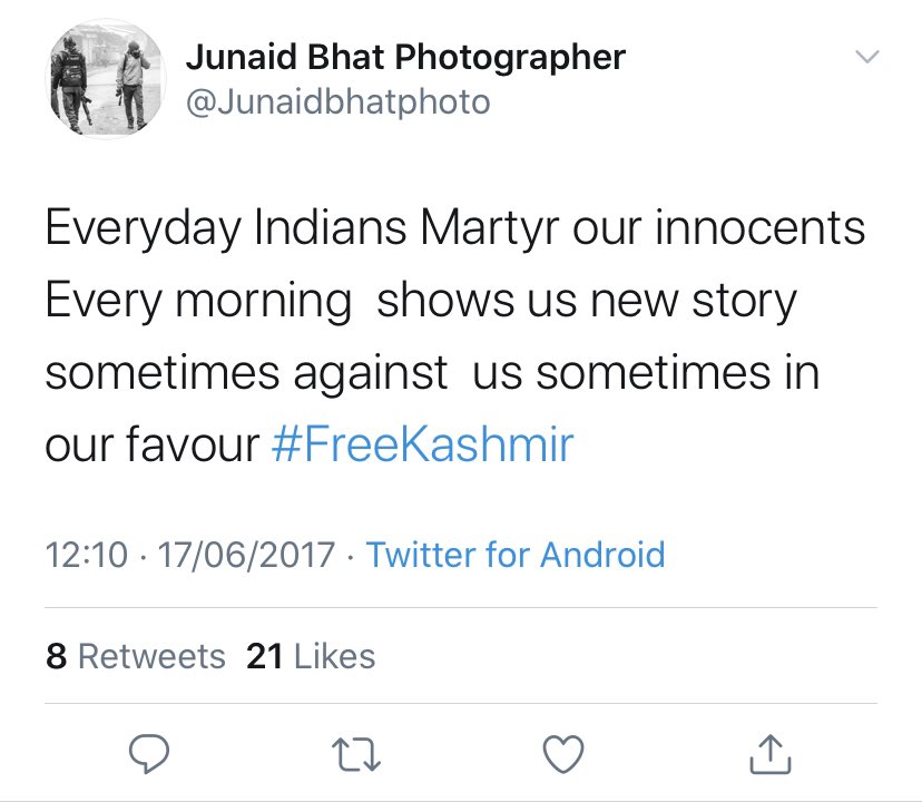 AskAnshul's tweet photo. Dear @adgpi, @hussain_imtiyaz

Photojournalist of ‘The Wire’ named Junaid Bhat who also covers army operations in J&amp;K with troops

He uploads such videos, photos &amp; other info on Instagram

Have you ever read his tweets? If not, then it's worrying

How can you allow such radicals? https://t.co/d2urSiNn1d
