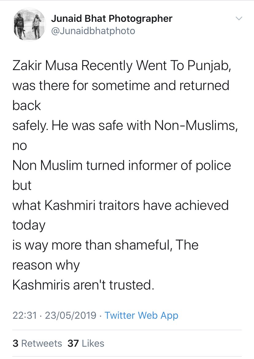 AskAnshul's tweet photo. Dear @adgpi, @hussain_imtiyaz

Photojournalist of ‘The Wire’ named Junaid Bhat who also covers army operations in J&amp;K with troops

He uploads such videos, photos &amp; other info on Instagram

Have you ever read his tweets? If not, then it's worrying

How can you allow such radicals? https://t.co/d2urSiNn1d