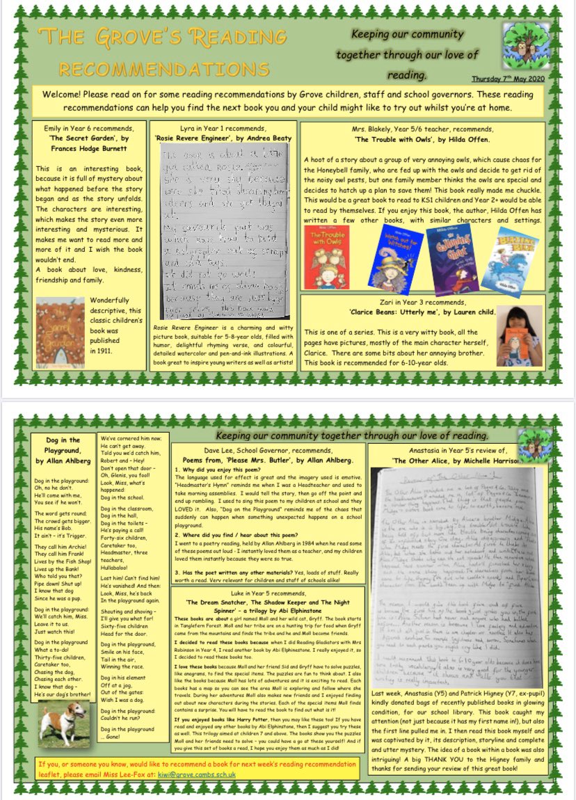 AliceleeFox's tweet photo. Writing &amp; sharing a weekly Reading Recommendation newsletter for parents, pupils &amp; staff, keeps us in touch, celebrating the books we’re reading whilst schools are closed. #RfP #bookish #reading @OpenUni_RfP @TeresaCremin @McgreevyClare @KMguineafowl @MaryMw401 https://t.co/QXVK9fTeCt