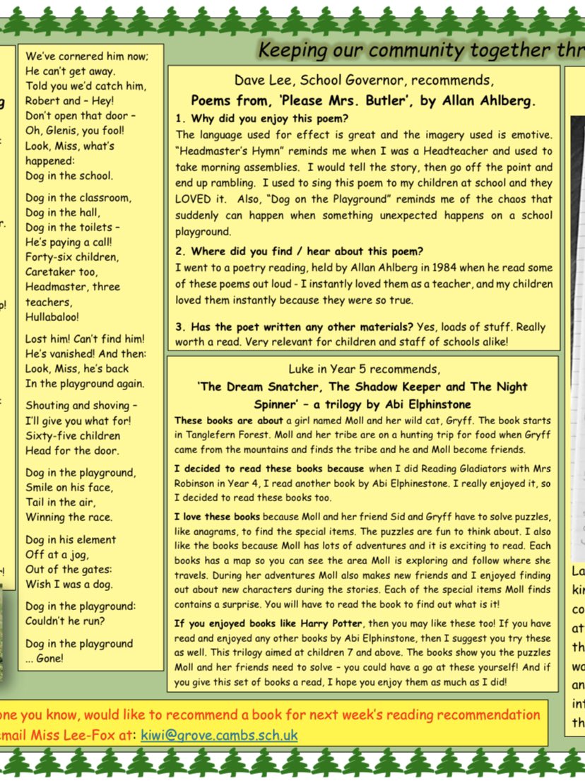 AliceleeFox's tweet photo. Writing &amp; sharing a weekly Reading Recommendation newsletter for parents, pupils &amp; staff, keeps us in touch, celebrating the books we’re reading whilst schools are closed. #RfP #bookish #reading @OpenUni_RfP @TeresaCremin @McgreevyClare @KMguineafowl @MaryMw401 https://t.co/QXVK9fTeCt