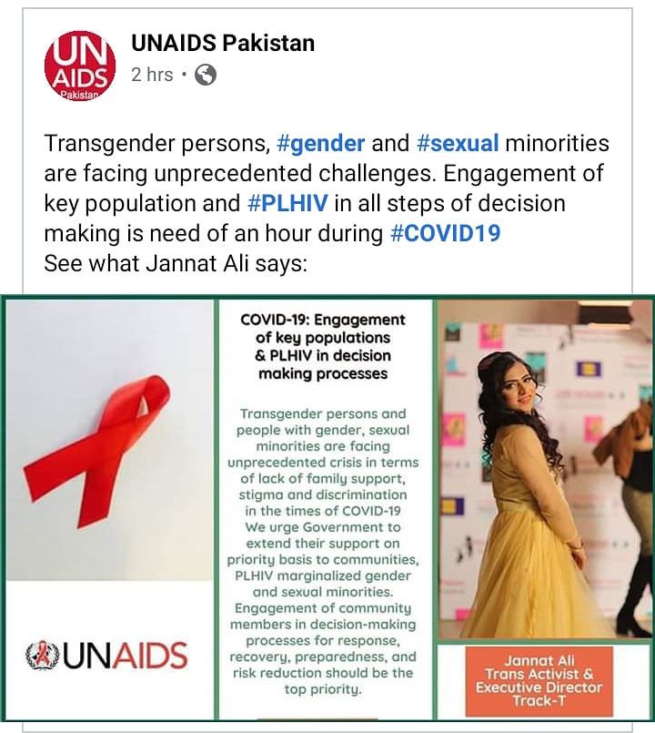 j4jannatali's tweet photo. Thanks UNAIDS Pakistan and specially @FahmidaIqbal for acknowledging and sharing voices of community during this crucial time of COVID 19 ..

#unaidspakistan #tracktrans #COVID19 #JannatAli https://t.co/piKDsFmFh1