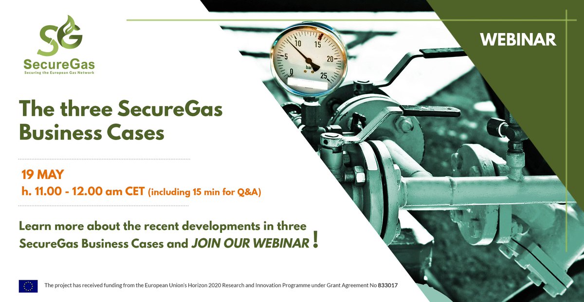 🆕 2nd SecureGas #WEBINAR:
"The three SecureGas Business Cases"
🗓️ 19 May | 11.00 - 12.00 am CET
--
Are you interested in joining the webinar and learning about most recent developments in #SecureGas project?
--
‼️ Info ▶️ securegas-project.eu/2nd-webinar/