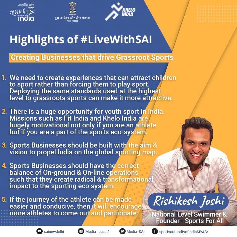 Media_SAI's tweet photo. Always wanted to know what sort of businesses drive grassroots level sports? Know it from @rishi3303, right here on our YouTube channel. It's one of our #LiveWithSAI sessions which is now uploaded on YouTube.
▶️ https://t.co/BaQHo77Kah
#IndiaFightsCorona
@KirenRijiju @DGSAI https://t.co/Wxr7vQC40e