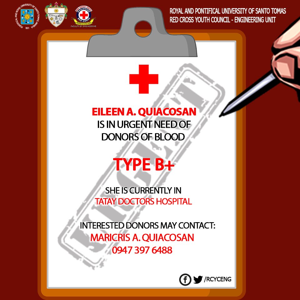 RCYCeng's tweet photo. Eileen A. Quiacosan needs to undergo blood transfusion and is in urgent need of 5 units of blood Type B+.

She is currently in Taytay Doctors Hospital. Interested donors may contact Maricris A. Quiacosan at 0947 397 6488. https://t.co/Tu8eHslvBQ