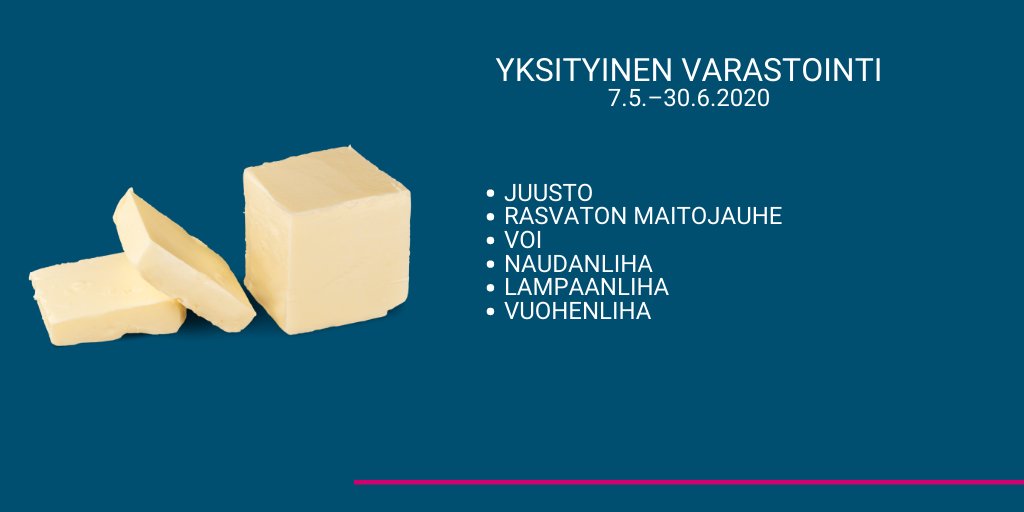 Ruokavirasto's tweet photo. Yksityisen varastoinnin tuet ovat haettavissa. Tukikelpoisia tuotteita ovat juusto, rasvaton maitojauhe, voi sekä naudanliha, lampaanliha ja vuohenliha. Lisätietoa: https://t.co/bH7EIt0Psu https://t.co/FkMavmtFeY