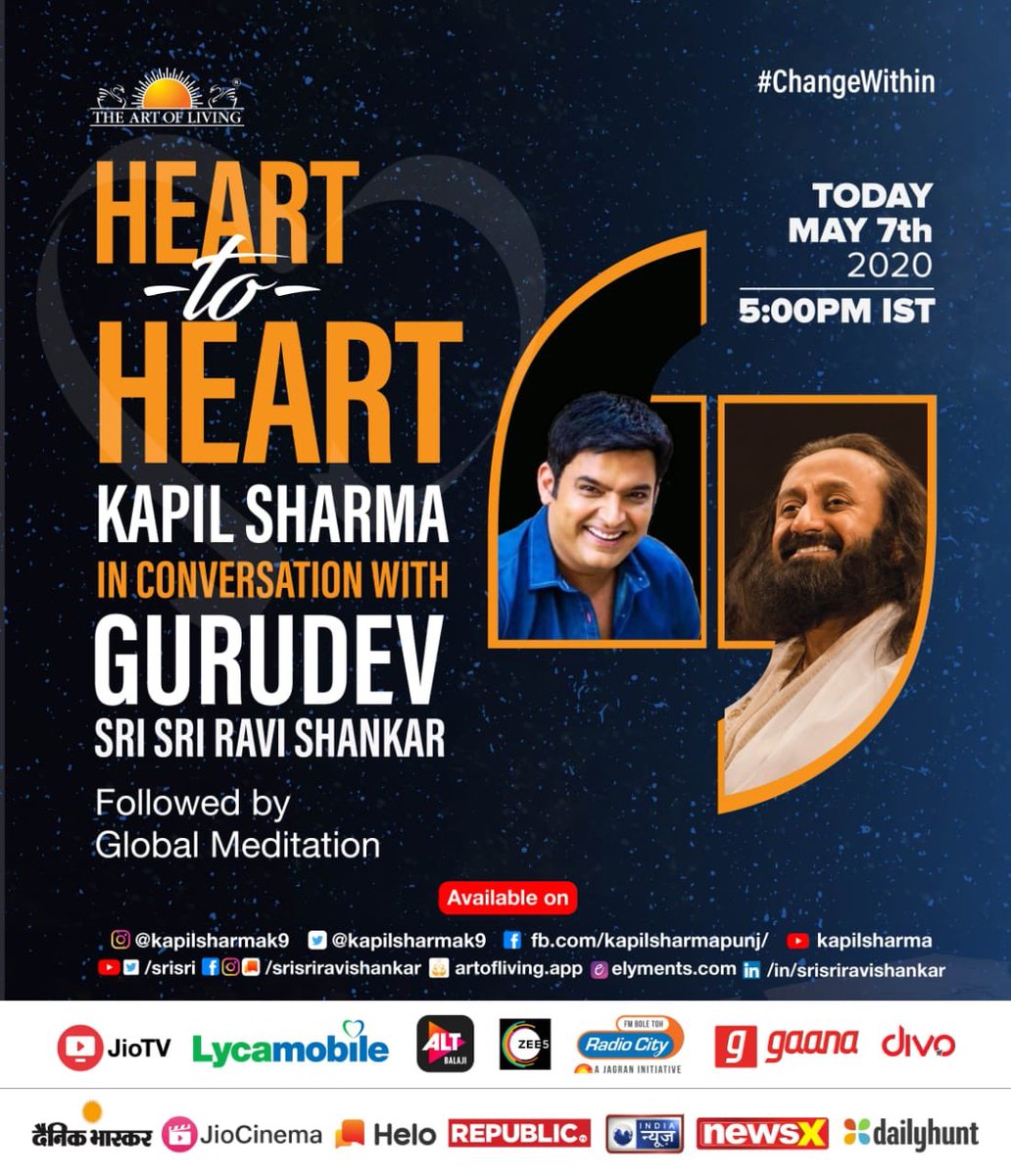 Excited to be part of the #HeartToHeart session with @SriSri as I'll be asking so many questions from Gurudev I have been looking answers for. Please watch us and feel free to send me your questions as well. #ChangeWithin 🤗 catch us live today here at 5 pm 🙏