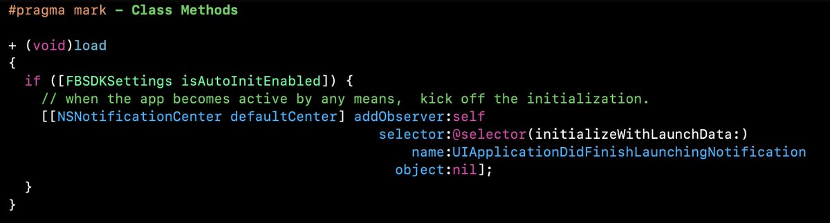 sandofsky's tweet image. To stop crashes from the Facebook SDK,  some devs tried commenting out any code that calls Facebook. Nothing worked.

It turns out that by just including the SDK with your app, Facebook  runs hidden code on launch. (FBSDKApplicationDelegate.m)