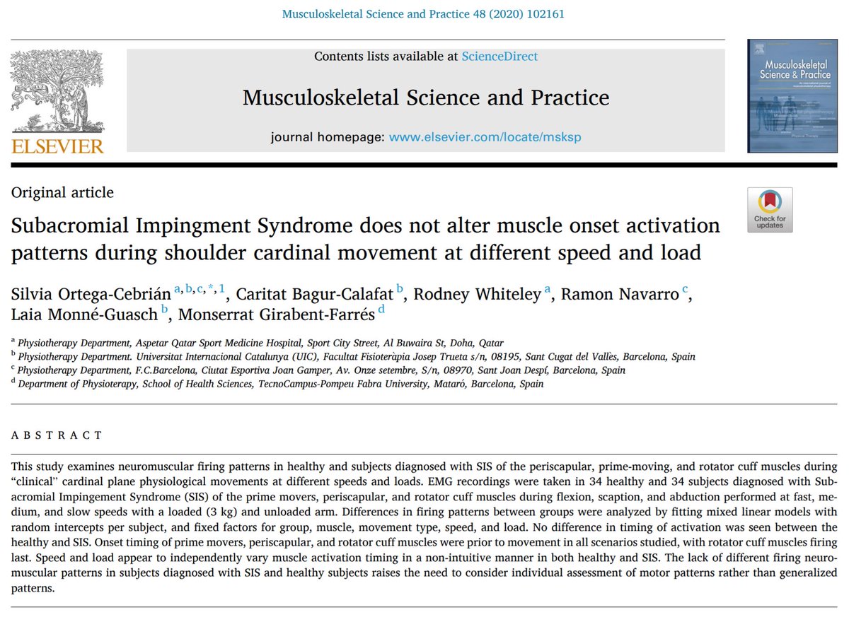 RodWhiteley's tweet photo. Finally out from @socebrian the cuff doesn't stabilise prior to movement whether you have subacromial impingement or not
https://t.co/G6RDvBekfb
TLDR: Subacromial impingement doesn't change firing patterns of cuff, scapular, or prime movers. The cuff switches on last
1/n https://t.co/Khm3xaNrNa