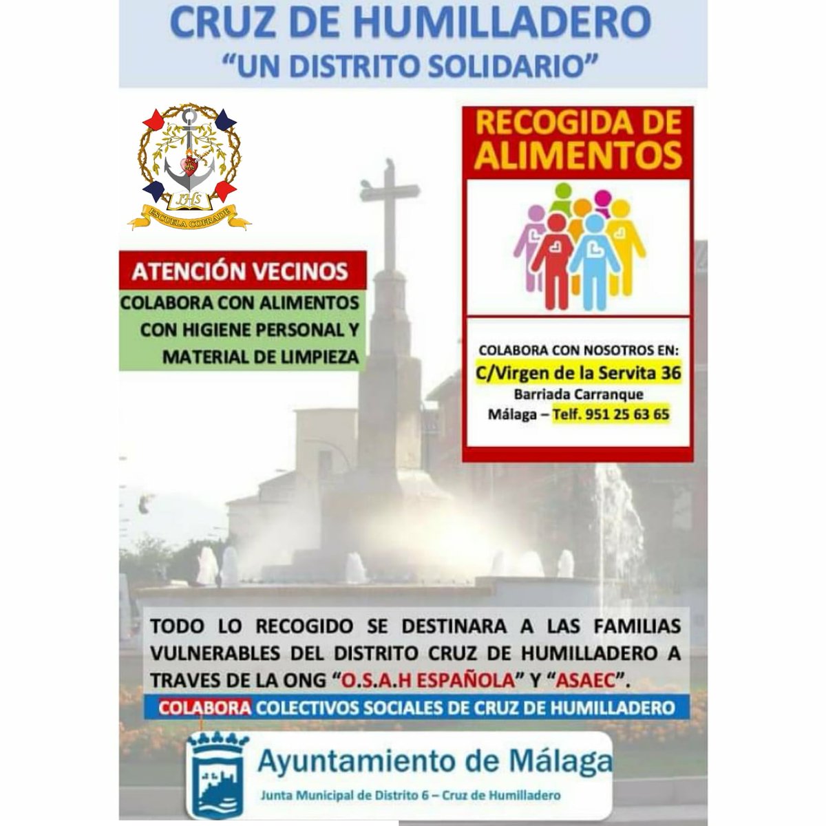 EscuelaCofrade's tweet photo. 🆘 Cruz de Humilladero es el distrito más castigado, por eso todo el que quiera ayudar, ya sea con alimentos, productos de higiene personal o de limpieza puede hacerlo en C/ Virgen de la servita, 36, en carranque 🆘
.
Todos estos productos irán a familias vulnerables del distrito https://t.co/qXIDXD9gag