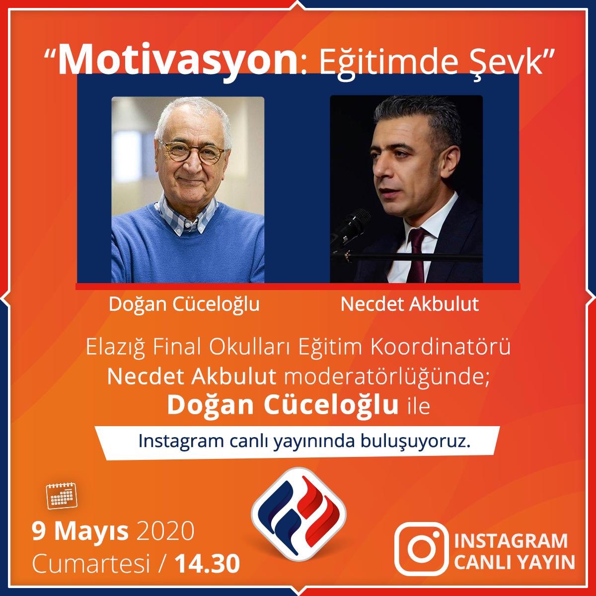 Elazığ Final Okulları Eğitim Koordinatörü Necdet Akbulut moderatörlüğünde; Doğan Cüceloğlu ile Instagram canlı yayınında buluşuyoruz. 🎥 “Motivasyon: Eğitimde Şevk” konulu söyleşide görüşmek üzere! ⏰

#finalokulları #eğitim #başarı #DoğanCüceloğlu #söyleşi #canlıyayın