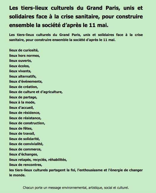 SINNYOOKO's tweet photo. Les #TierslieuxCulturels sont déjà le monde d'après !
Construisons ensemble localement une société plus durable et plus solidaire. 
Relayons la lettre ouverte signée par 20 tiers-lieux culturels du Grand Paris https://t.co/FyxyBNkZip 
@Min_Territoires @frtierslieux @MinistereCC https://t.co/wNPghc1CFc