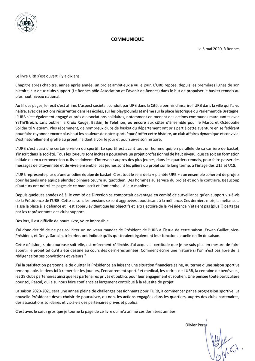 URB35's tweet photo. 📃 Communiqué d’Olivier Pérez, Président https://t.co/zWFglekikR