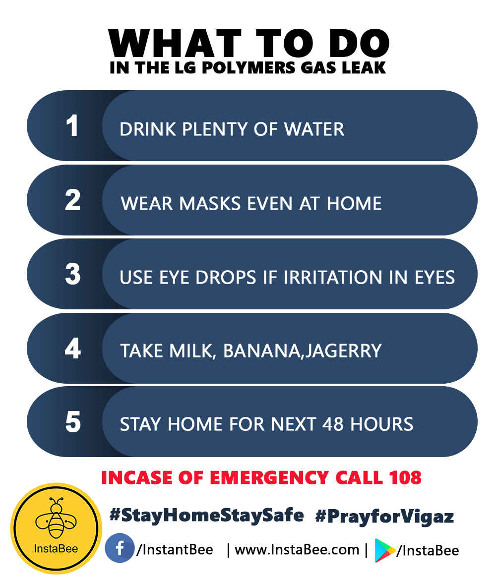 BeeInsta's tweet photo. Things to do in the LG Polyemrs Gas Leak
#VizagGasLeak #Visakhaptnam #LGPolymers #PrayForVizag #VizagGasTragedy  #Vizag https://t.co/LPUsjNxajp