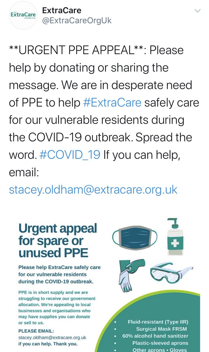 NadiaWhittomeMP's tweet photo. Nadine, please don't try to distract from your government's failure to provide PPE by implying that front line care staff are lying. In my work, we had one facemask a day, and only had visors homemade or donated by the public.

ExtraCare made emergency appeals for PPE on Twitter. https://t.co/RTWXRor2Io