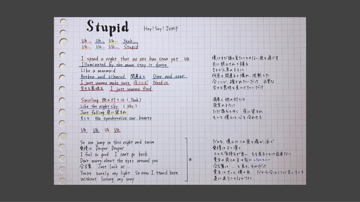 𝒎 𝒂 𝒌 𝒐 Hey Say Jump Stupid 歌詞 和訳 パート割 Heysayjump Stupid 分からないところ 間違ってるところ 勘で訳したところ色々あります あと字が絶望的に汚いです