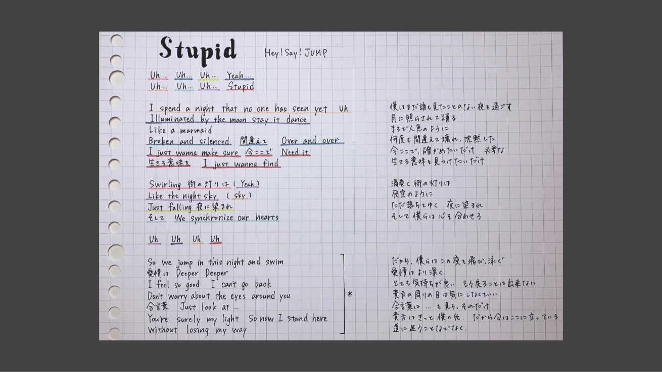 𝒎 𝒂 𝒌 𝒐 Hey Say Jump Stupid 歌詞 和訳 パート割 Heysayjump Stupid 分からないところ 間違ってるところ 勘で訳したところ色々あります あと字が絶望的に汚いです T Co Wod7kvhpej Twitter