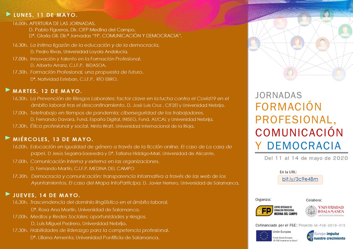 GloriaGilT's tweet photo. 🚩Jornadas #FPComunicaciónyDemocracia. Del 11-14 de mayo. On-line 👉https://t.co/DTXGLQnsk4 y sin inscripción.
Organiza: @CIFPMEDINA
Colabora: @usal
#FSE_AulaEmpresaCyL #AE_PUB_2019_315 @educacyl https://t.co/aWKcX2h2zs