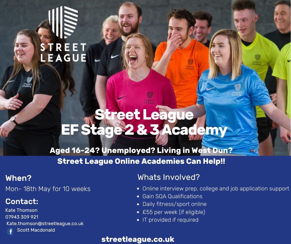 SL_EastWestDun's tweet photo. NEW ACADEMY STARTING 18th MAY
💥Aged 16-24? 
💥Unemployed &amp; Living in West Dun? 
💥Want help to find work and get fit during lockdown? 
Get in touch today to find out how to get involved! #movingintowork @skillsdevscot @JCPinWestScot @WDCouncil https://t.co/wlfTSvbLYx