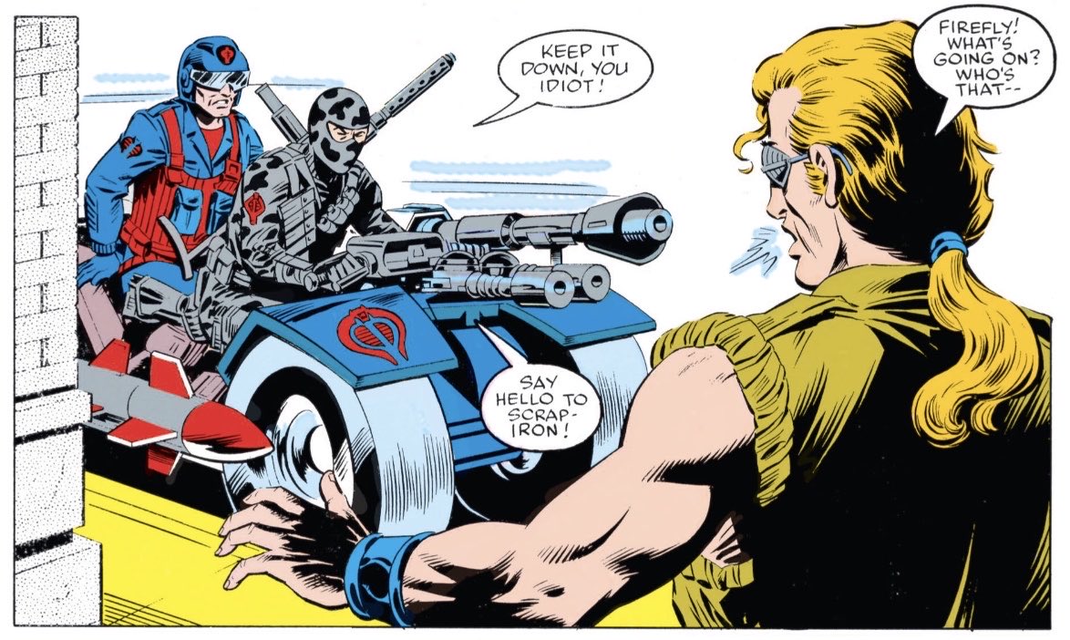 80sForNow's tweet photo. Here is #ScrapIron’s intro in #Marvel #GiJoe 43 by #LarryHama. The ominous cover foreshadowed what would happen. SI destroys some beloved characters: #SoftMaster, #Candy and seemingly #Billy. Younger me was shocked, and I cannot forget #Buzzer laughing during the explosion. https://t.co/Xtj5jmO874