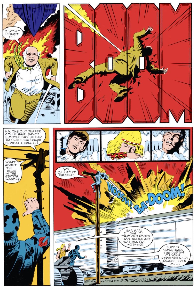 80sForNow's tweet photo. Here is #ScrapIron’s intro in #Marvel #GiJoe 43 by #LarryHama. The ominous cover foreshadowed what would happen. SI destroys some beloved characters: #SoftMaster, #Candy and seemingly #Billy. Younger me was shocked, and I cannot forget #Buzzer laughing during the explosion. https://t.co/Xtj5jmO874