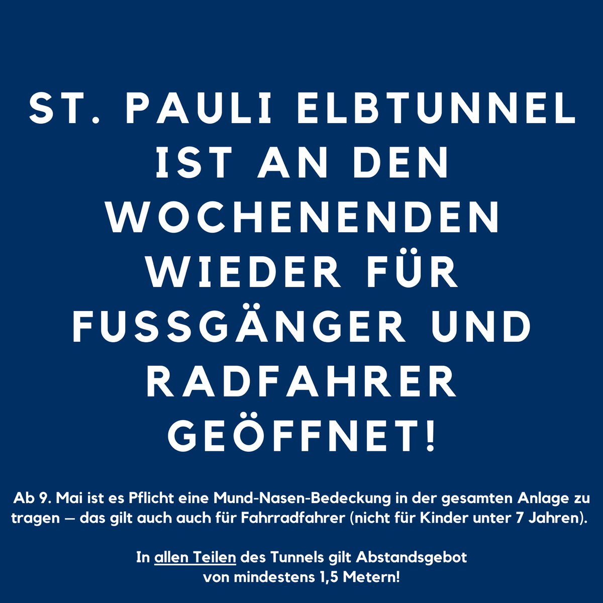 HH_BWI's tweet image. St. Pauli #Elbtunnel steht ab sofort an den Wochenenden für Fußgänger und Radfahrer wieder zur Verfügung!🚲🚶‍♀️🚶🏻
Bei zu großen Menschenansammlungen, die das Einhalten der Abstände nicht mehr gewährleistet, kann der Tunnelbetrieb vorrübergehend unterbrochen werden @PortofHamburg