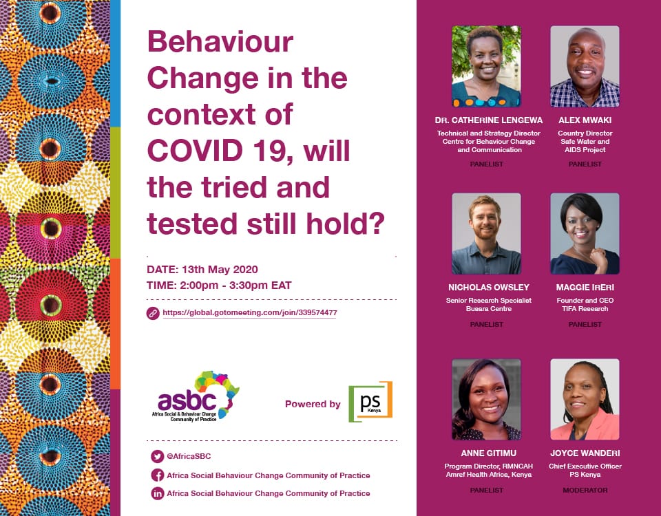Our Technical and Strategy Director <a href="/CLengewa/">Catherine Mesianto Lengewa</a> will be discussing #BehaviourChange in the context of #COVID19 with <a href="/AfricaSBC/">ASBC</a> &amp; <a href="/PSKenya_/">Population Services (PS) Kenya</a> Join in on May 13th at 1400hrs EAT through global.gotomeeting.com/join/339574477