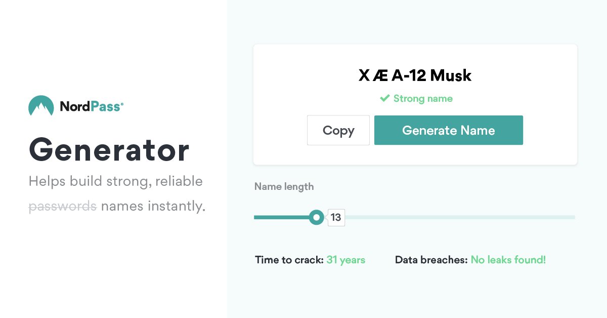 NordPass's tweet photo. Who said that #passwordgenerators are only for #passwords?
Build strong and reliable #babynames instantly: https://t.co/VZr5CR0QjD #ElonMusk https://t.co/Ru5Rlg65tK