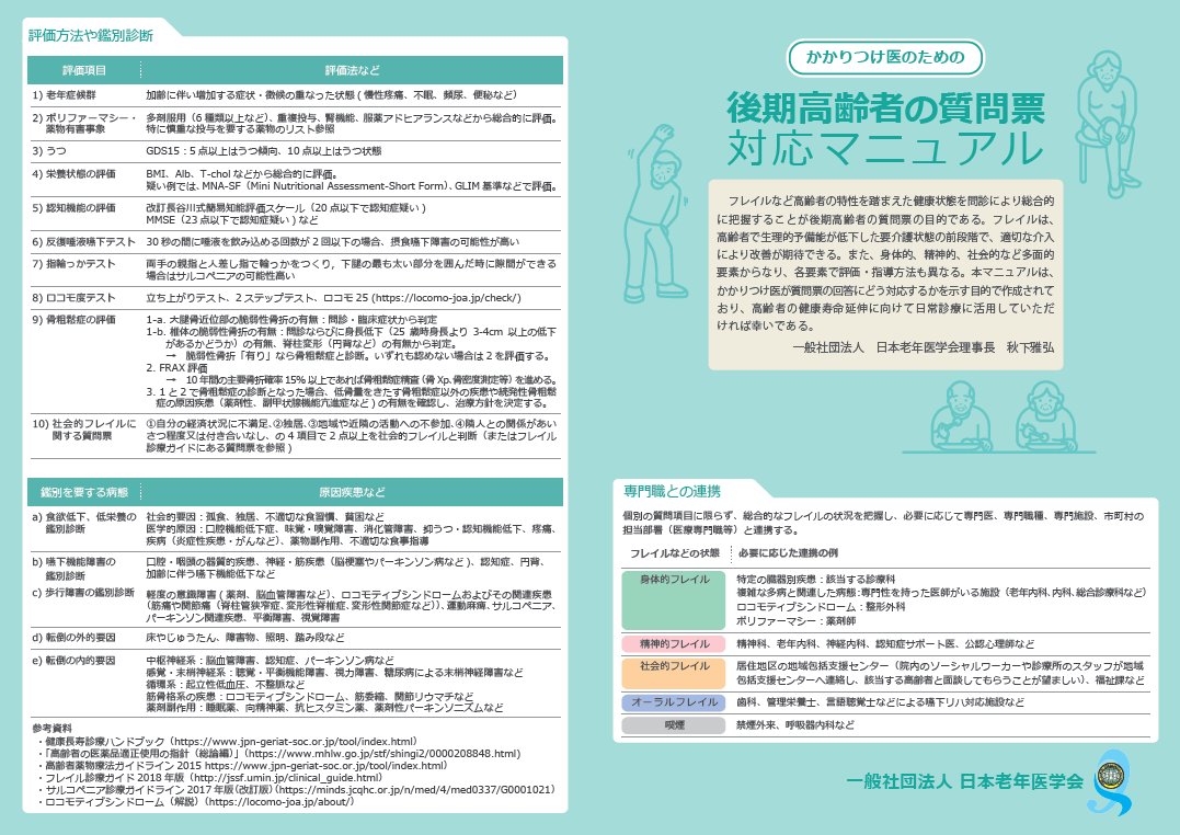 杏林大学医学部高齢医学 Auf Twitter 日本老年医学会が 年4月から健診で導入される 後期高齢者 の質問票 にかかりつけ医がどう対応するかについて書かれた 後期高齢者の質問票対応マニュアル を公開していたので シェアします T Co 6f3bfc9cbc