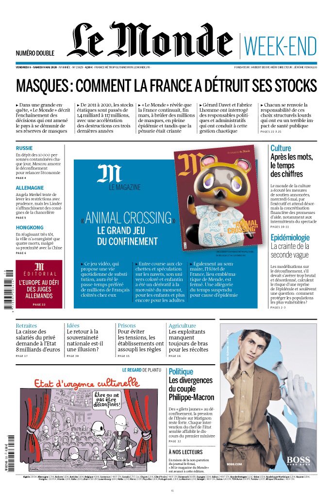 Masques : comment la France a détruit ses stocks - A la une du Monde, quatre pages d’enquête par Fabrice Lhomme et Gérard Davet sur la politique sanitaire française ces dernières années