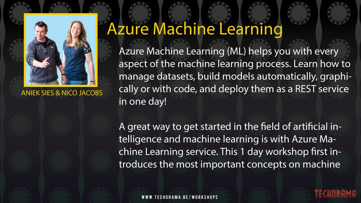 Get started in the field of #AI and #machinelearning in this 1-day workshop. Your MCs: <a href="/SqlWaldorf/">Nico Jacobs</a> and Aniek Sies.

Read more about our workshops: techorama.be/workshops
