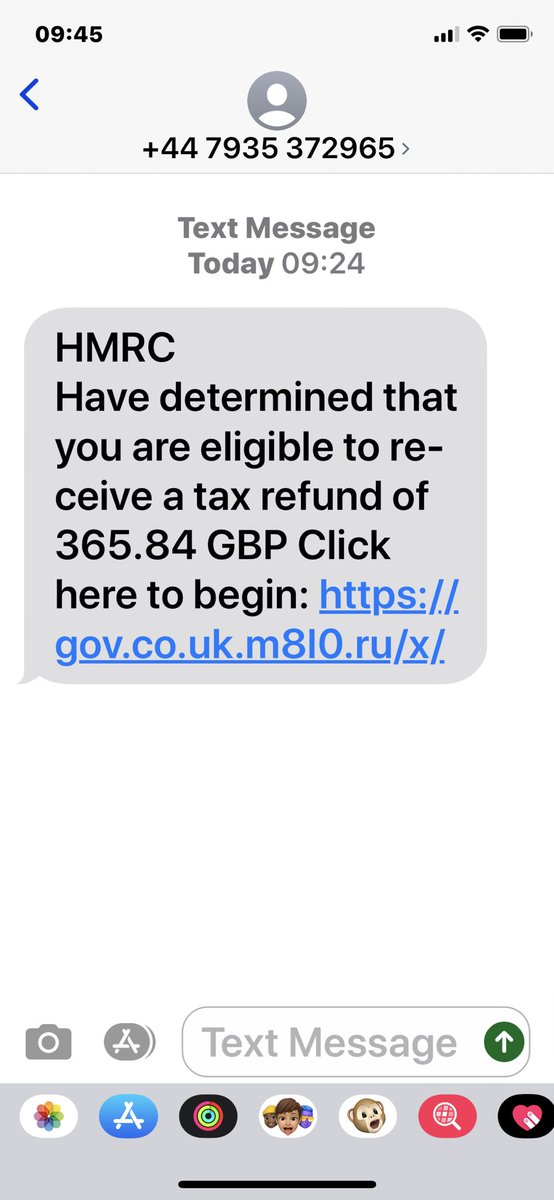 zeroevltd's tweet image. BEWARE IT IS  !!!! NOT !!!! HMRC

I received this text this morning and it is a scam. I nearly checked it out but did a search on the link address and it doesn’t exists. 

BEWARE IT IS  !!!! NOT !!!! HMRC 

This is a screen shot of the text