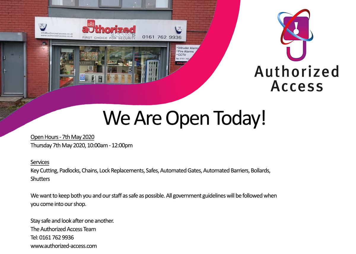 Authorizedacces's tweet photo. We Are Open Today❗️

As always, if you have any security questions or would like a quote for a security system or product, do not hesitate to get in touch with us. 

Stay safe and look out for one another.
☎️0161-762-9936
💻https://t.co/N1W9XJ6VrA https://t.co/jCOmlgFIyj