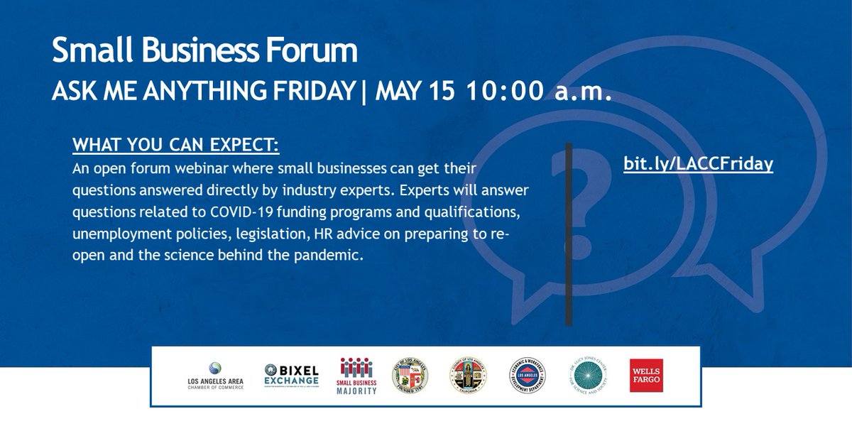 Bixel Exchange (an L.A. Area Chamber program) (@bixelexchange) on Twitter photo Join us for our #AMA Friday webinar with <a href="/SmlBizMajority/">Small Business Majority</a> <a href="/DrLucyJones/">Dr. Lucy Jones</a> <a href="/WellsFargo/">Wells Fargo</a> as we dive into programs and resources and discuss your questions. We are looking to the #RoadToRecovery, what about you?
RSVP: bit.ly/LACCFriday Join us for our #AMA Friday webinar with <a href="/SmlBizMajority/">Small Business Majority</a> <a href="/DrLucyJones/">Dr. Lucy Jones</a> <a href="/WellsFargo/">Wells Fargo</a> as we dive into programs and resources and discuss your questions. We are looking to the #RoadToRecovery, what about you?
RSVP: bit.ly/LACCFriday