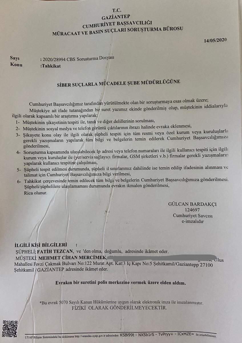 Savcilar resen soruşturma acmazsa biz gideriz!
G.antep Barosundan meslektaşım Av.Cihan Mercimek'le birlikte Fatih Tezcan,Esra Elönü ve Sevda Noyan adli şahıslar hakkında Halkı Kin ve Düşmanlığa tahrik ve tehdit içeren konuşmalarından dolayı G.antep Cum.Bassavciligina Suc duyurusu