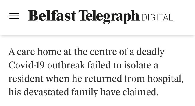 Ireland:  https://www.belfasttelegraph.co.uk/news/health/coronavirus/coronavirus-hit-ballymena-care-home-failed-to-test-our-father-or-keep-him-in-isolation-say-grieving-family-39195170.html