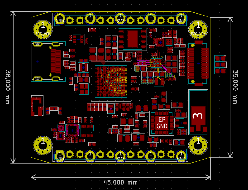 March 25: Components have been arranged and some already have a fan-out to verify the chosen design parameters: 4 layers, 100 um tracks, 100 um clearance, 450 um (buried) vias, 200 um via drill, 300 um microvias, 100 um microvia drill, microvias in-pad, filled&capped  @card10badge