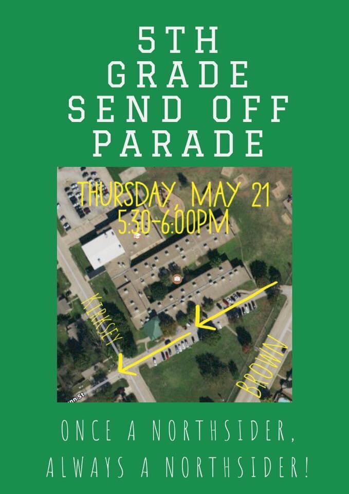 Attention <a href="/hachienorthside/">Northside Elementary</a> 5th graders...Please join us next Thursday, May 21, any time between 5:30 &amp; 6:00pm for a drive through fifth grade send off parade! Please follow the map attached and drive through the front parking lot. Can’t wait to see y’all! <a href="/WaxahachieISD/">Waxahachie ISD</a>