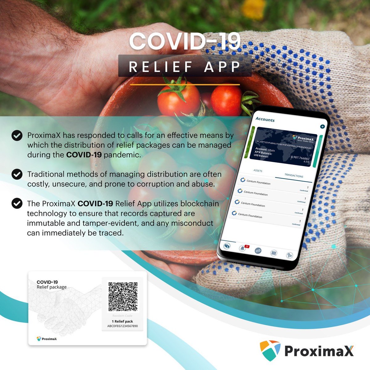 ProximaXUSA's tweet photo. #ProximaX is pleased to announce that our technology is being utilised through the #COVID19 #Relief App which uses gift cards to manage the distribution of relief packages to those in need.
https://t.co/rG2oP6n2f0 
#Sirius #Blockchain #XPX #CryptoCurrency #ProximaXUSA https://t.co/xf7aRNDTL4