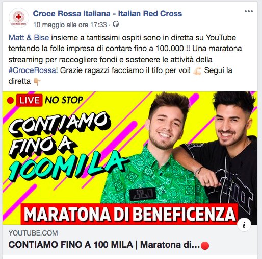 Si è conclusa la maratona streaming di #MattEBise. In 107 ore e 27 minuti di diretta web non stop, 2 milioni e 700 mila visualizzazioni e oltre 70 ospiti <a href="/MatteoPelusi/">Matt Pelusi</a> e <a href="/ValeBise/">Bise (Matt&Bise)</a> hanno raccolto 27.607,98 € raccolti per la <a href="/crocerossa/">Croce Rossa Italiana</a>