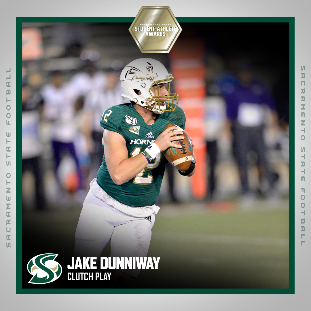 hornetsports's tweet photo. Congratulations to @SacHornetsFB's Jake Dunniway who has earned the Hornet Clutch Play of the Year award for his performance in a 38-34 win at Northern Arizona. Other nominees: Samantha Craig (wsoc), Camariah King (wbb), Osi Nwachukwu (mbb). #StingersUp https://t.co/eKHMYwuMqi https://t.co/PhJtCWXMvu