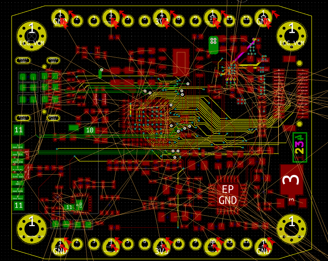 March 29: Progress on the layout of the  @card10badge. The  @kicad_pcb push&shove function turns out to be an amazing tool. Care is taken to keep the inner layers dedicated to power around the various power pins of the MCU and power management chip.