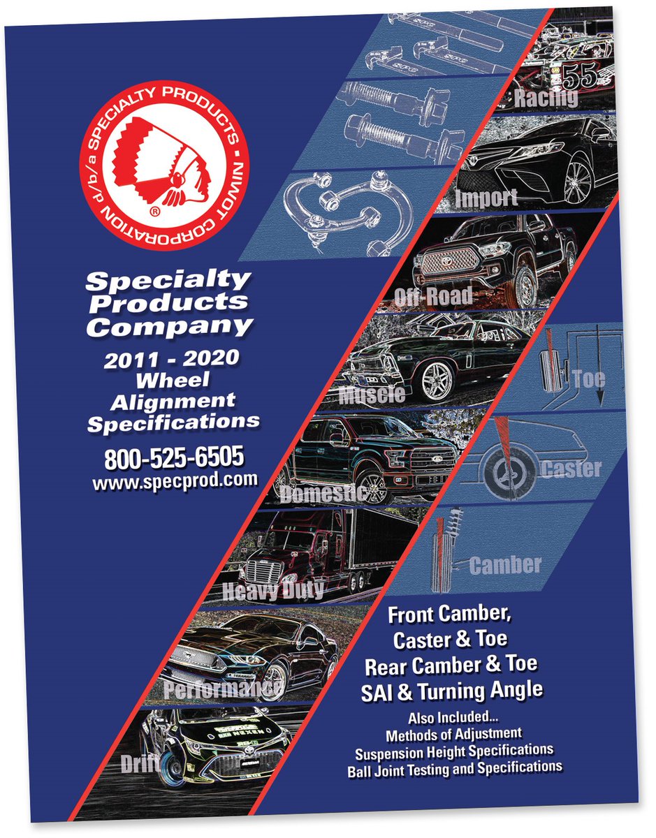 SPCAlignment's tweet photo. A must for every alignment tech, this spec book lists all major alignment angles for all vehicles from 2011-2020. Also included are illustrated factory adjustment methods, ball joint specifications and testing procedures, as well as chassis ride heights for many vehicles. https://t.co/6b23jhLFSm