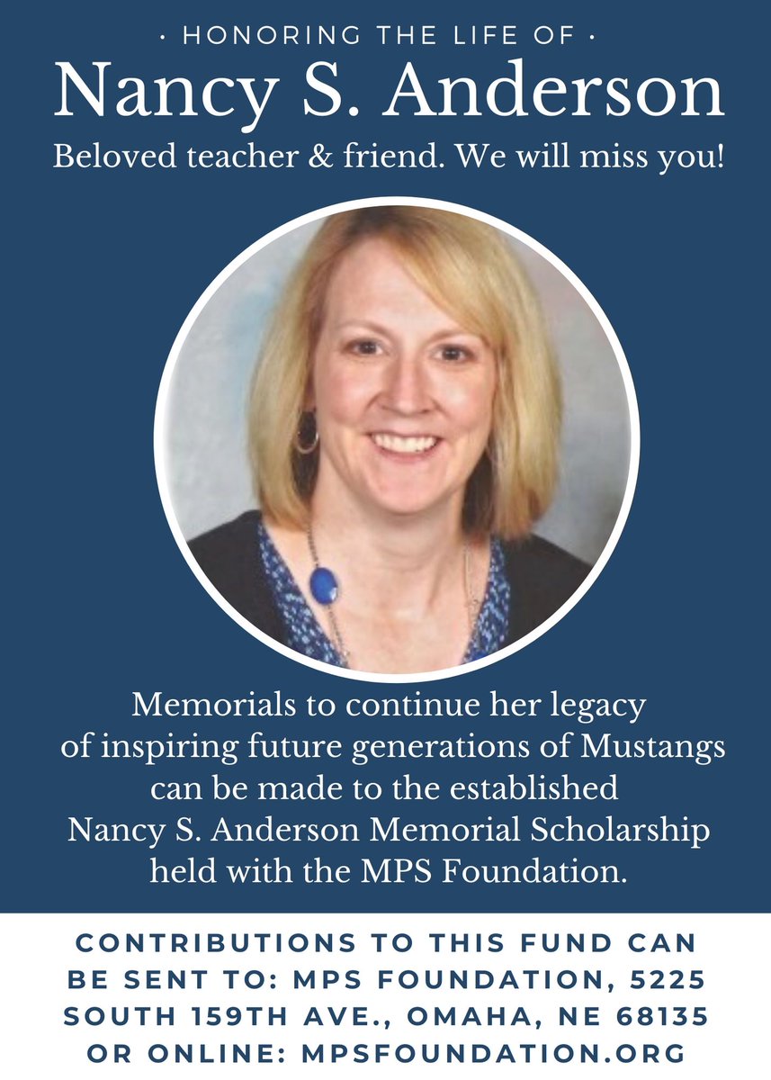 MillardNorthHS's tweet photo. Pleased to share information about the Nancy Anderson Memorial Scholarship that is being established in Nancy's memory through the Millard Public Schools Foundation. https://t.co/ZkVFhI4vMH