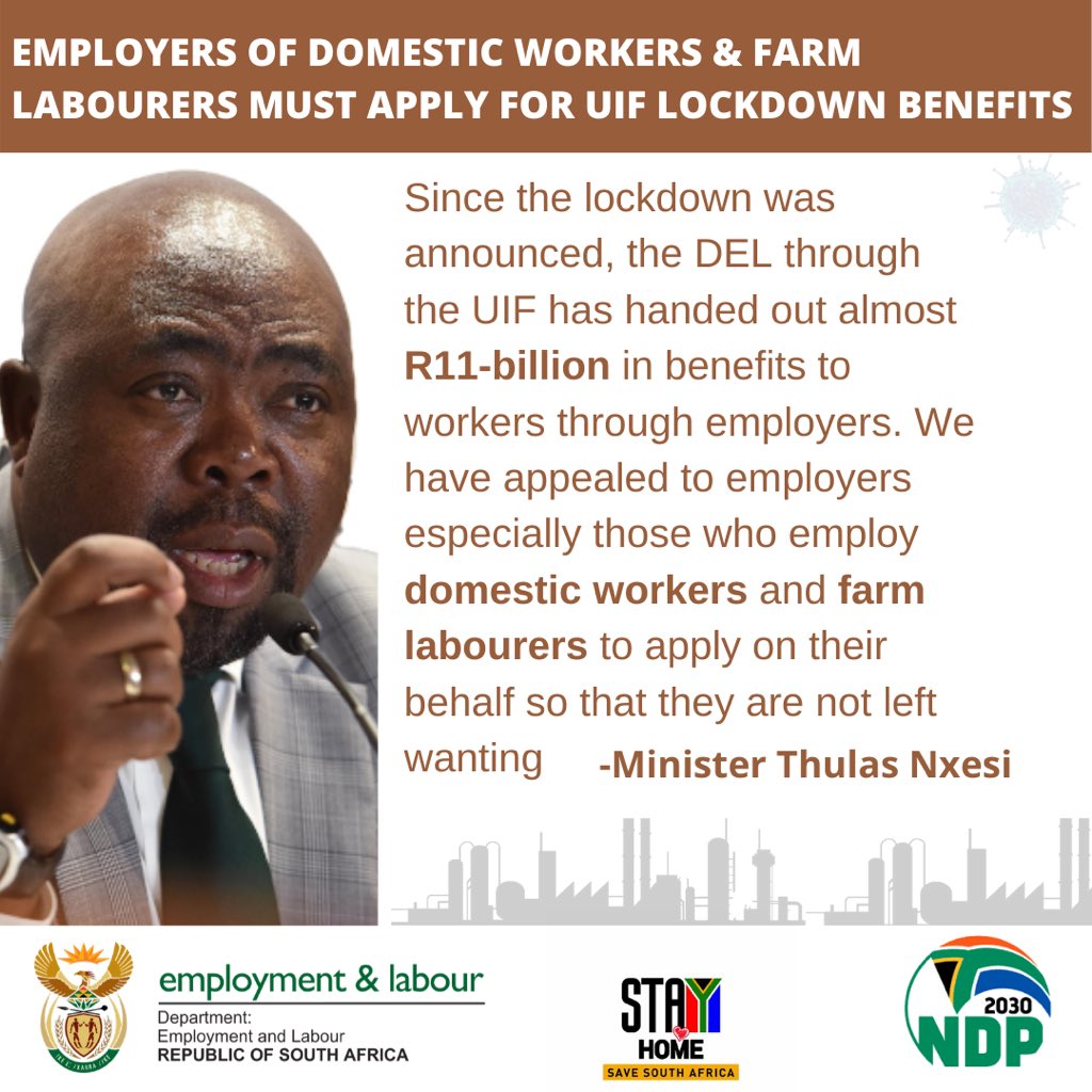 NxesiThulas's tweet photo. MEDIA STATEMENT:

MINISTER NXESI CALLS ON EMPLOYERS OF DOMESTIC WORKERS AND FARM LABOURERS TO APPLY FOR UIF LOCKDOWN BENEFITS.

Full statement: https://t.co/MIQnpuGRhk https://t.co/mqwZEFuJSd