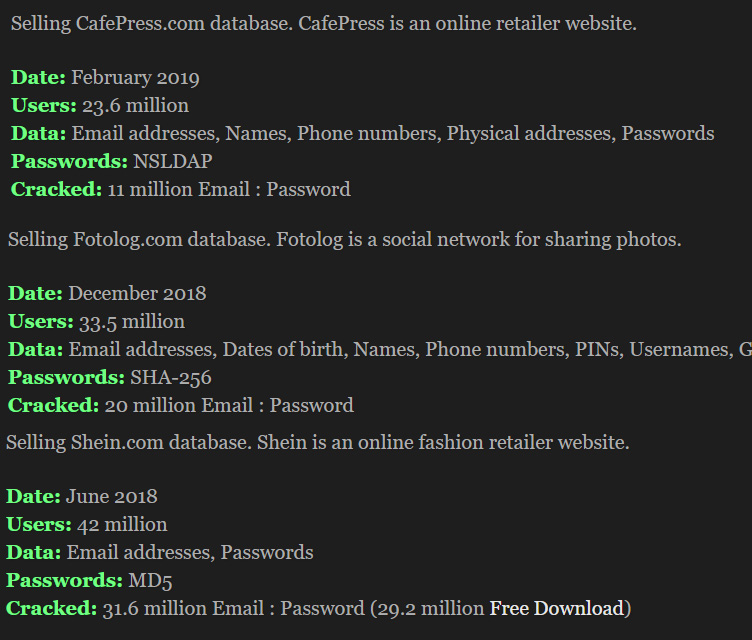 BleepingComputer on Twitter: "Starting on May 7th, a threat actor began  selling 29 databases containing user records and one database containing  missing phone numbers from an old Dubsmash data breach. Below are