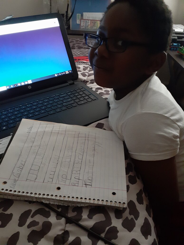 Practicing tracing his name, the letter of the week, and the CVC words that he blended. So proud of how hard my students are working! 📝✏️📓❤️ ⁦<a href="/Relay_BCPS/">Relay Elementary</a>⁩ #distancelearning