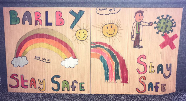BrightBarlby's tweet photo. Beautiful lockdown #StaySafeStayHome artwork proudly displayed by the young budding artists of the village across #Barlby https://t.co/BVea47i4zd