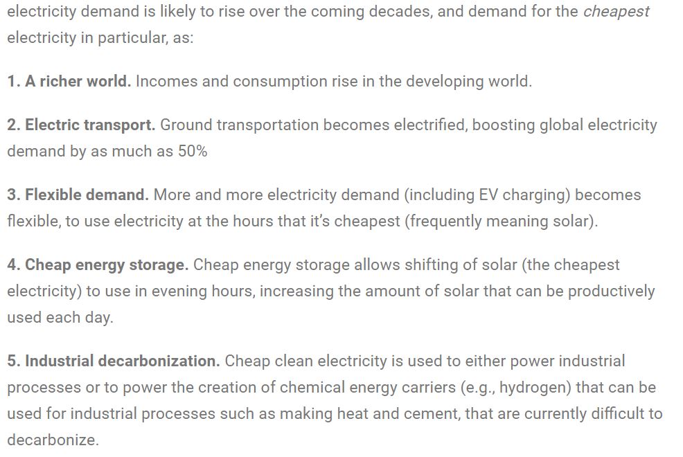 Astute readers will see that the far end of that scale is 20 TW of solar, or enough to supply roughly 2/3 of the world's current electricity demand. That may seem utterly pathological. But there are many reasons to expect higher demand, and more use of the cheapest power. 11/20
