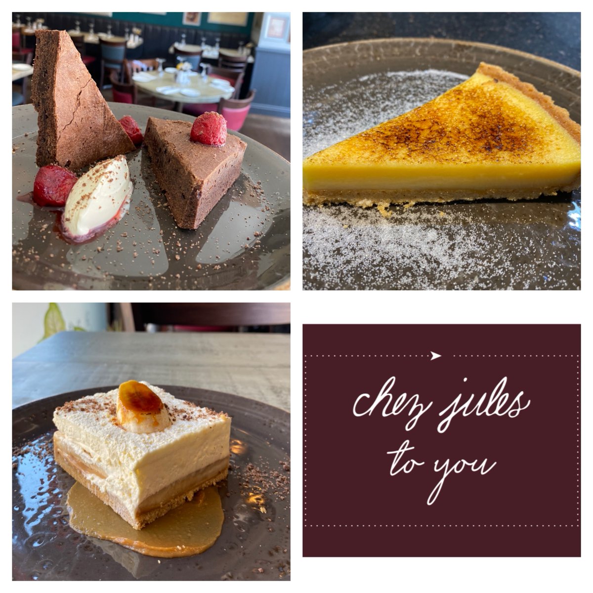 ChezJules's tweet photo. Room for dessert? Always! 🥰
We don’t think you will be disappointed with our ‘Chez Jules To You’ selection of sweet, after-dinner treats! Tell us your favourite?
#ChezJulesToYou #sweettreats #banoffeepie #cremebrulée #chocolatebrownie #tarteaucitron #takeawaymenu https://t.co/9SlpOKQuXd