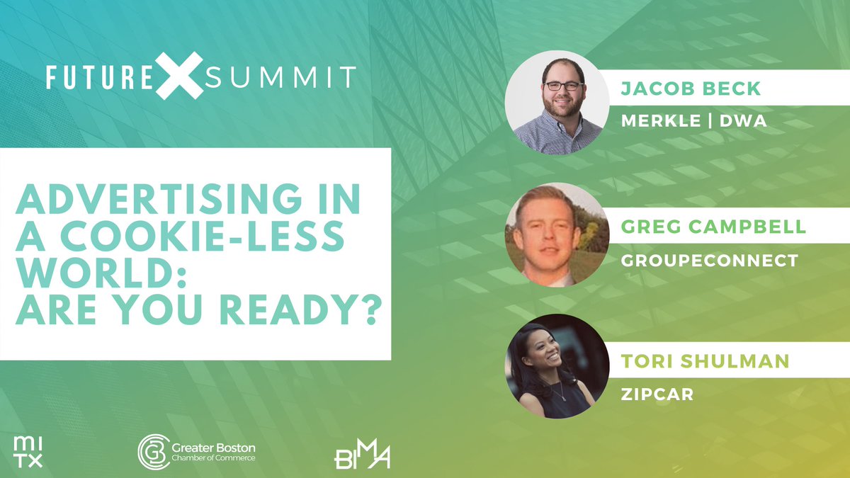 Next up: Tori Shulman (<a href="/tphungster/">Tori Shulman</a>), Sr. Marketing Manager @zipcar, Greg Campbell, Assoc. Director, Programmatic at GroupeConnect, &amp; moderator Jacob Beck, Assoc Director, Programmatic @DWATechMedia @merkle, will discuss advertising in a cookie-less world. 

#FutureXSummit